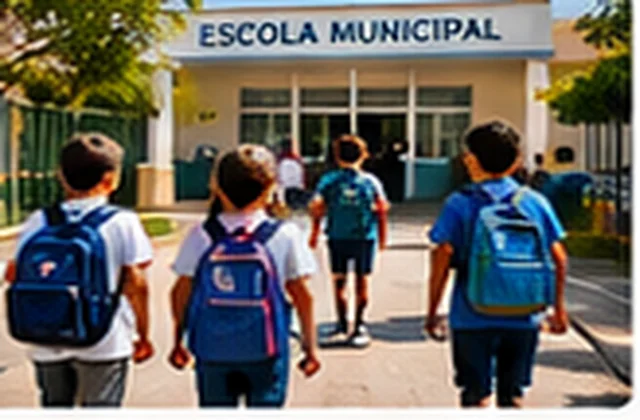 Crianças com mochilas chegando à escola municipal de Alfredo Marcondes