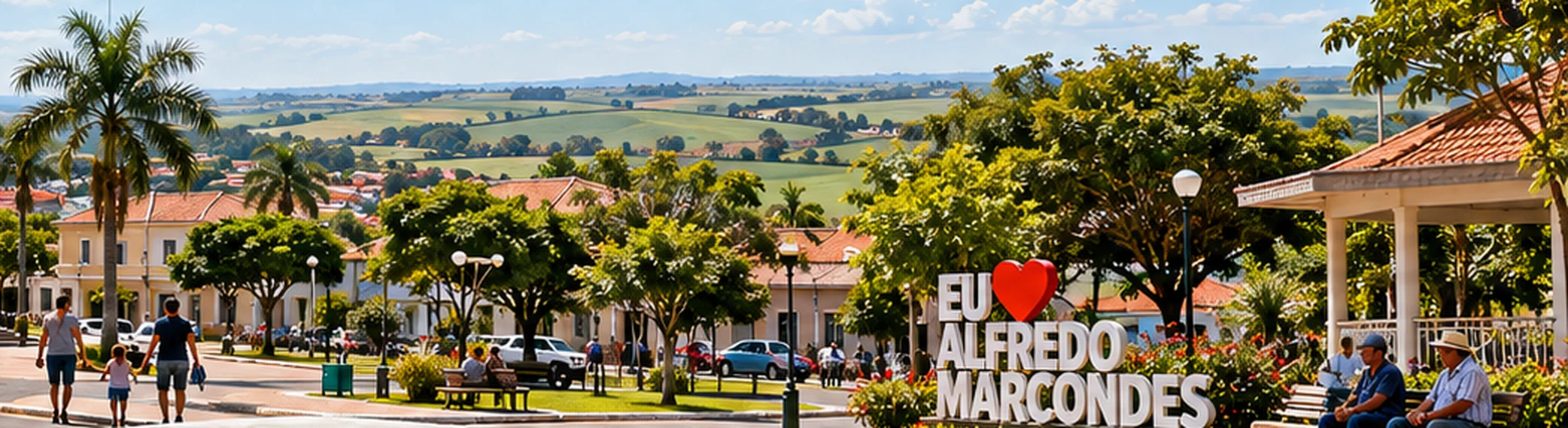Praça central de Alfredo Marcondes com o letreiro 'Eu amo Alfredo Marcondes'